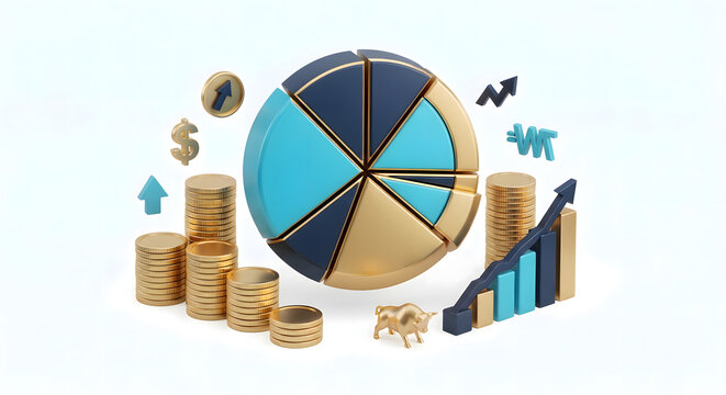 3D Financial Data Analysis Featuring Pie Charts Gold Coins and Growing Market Trends for Business Performance Visualization