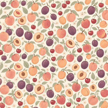 Stone Fruit Orchard Seamless Pattern with Peaches Plums and Cherries