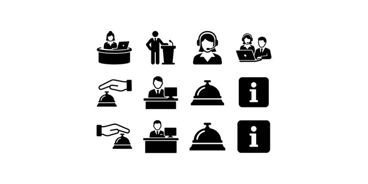 Black and white customer service and support vector icons with essential business functions and assistance symbols.