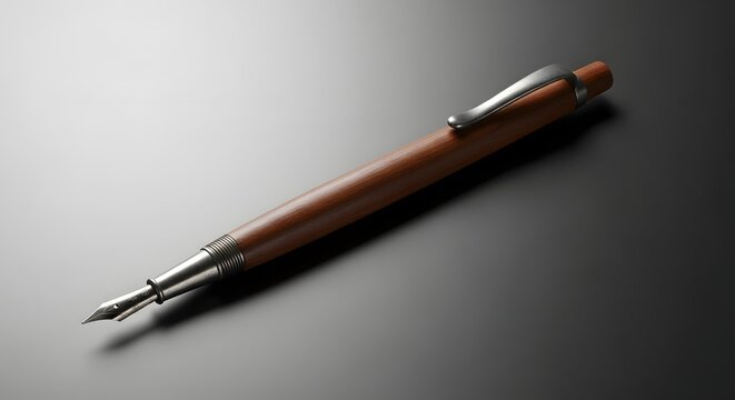 Luxury wooden fountain pen with elegant silver nib lying on a sleek dark surface