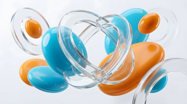 Abstract floating glass rings and glossy blue orange ovoid forms on a white background