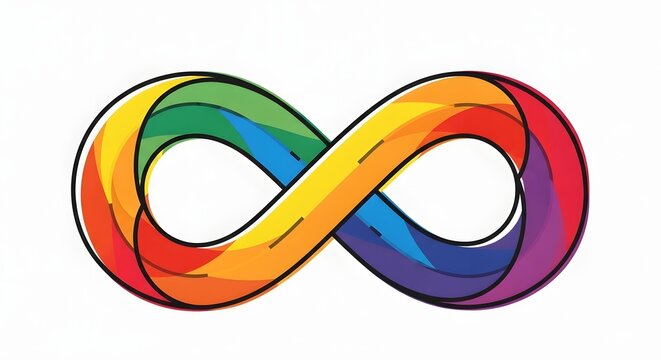 Rainbow colored infinity symbol representing neurodiversity pride and continuous inclusion on a clean white background