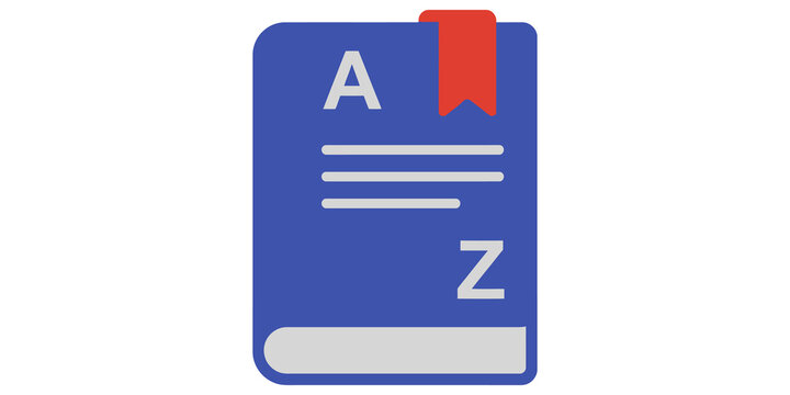 Blue dictionary book icon with red bookmark and white alphabet letters for language learning and education tools.