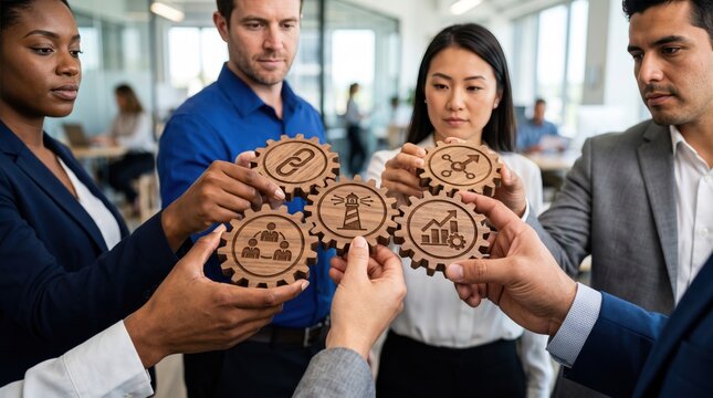 Four diverse colleagues holding interlocking wooden gears with engraved business in a bright office setting
