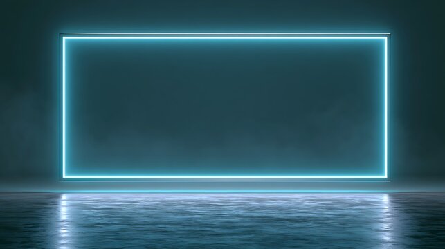 Glowing Blue Neon Rectangle Frame in Foggy Dark Studio with Reflective Floor