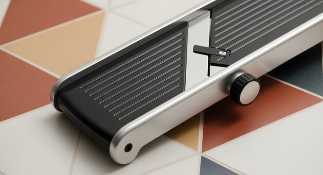 Modern silver and black mandoline food slicer on geometric patterned kitchen countertop