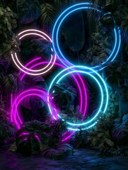 Obraz premium Cyberpunk Tropical Jungle with Glowing Neon Rings and Exotic Foliage