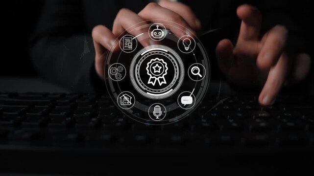 Hands Typing on Keyboard with Digital Icons Emphasizing Technology, Innovation, and Quality Assurance in a Modern Business Environment. Entropy.