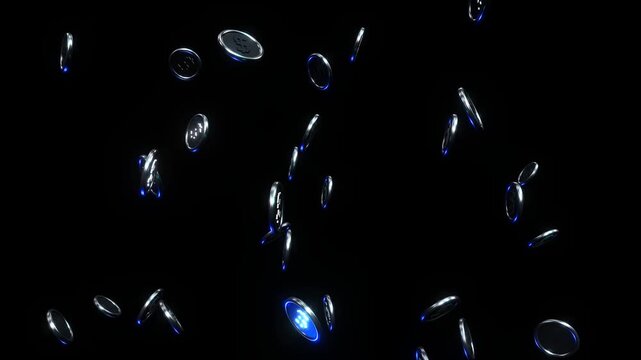 Premium 3D animation of floating silver/platinum coins in zero gravity with completely random natural drifting, real-time bounce physics (no clipping), and solid black background.