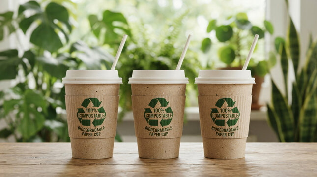 Biodegradable paper takeaway coffee cups green recycling loops eco friendly 100 percent compostable labels blurry green indoor house plants background organic waste free concept layout