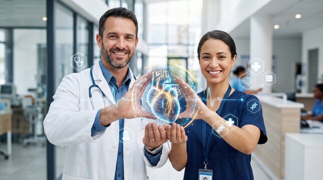 Male doctor and female nurse holding a glowing holographic human heart model in a hospital hallway with floating digital medical and blue light interface