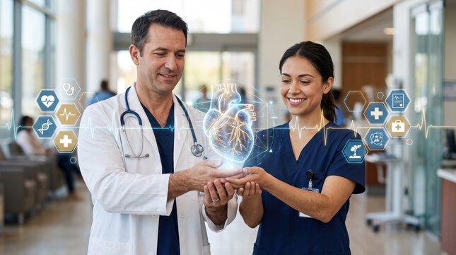 Male physician and female nurse holding a glowing digital holographic human heart model with floating medical and e k g lines in a hospital hallway setting