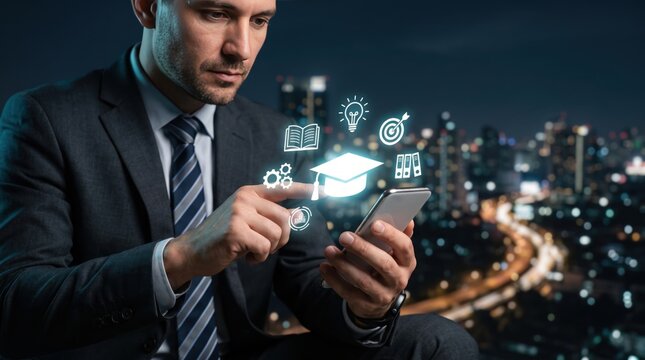Man in suit tapping smartphone screen with glowing education including graduation cap book lightbulb target and gears against a blurred night city skyline background