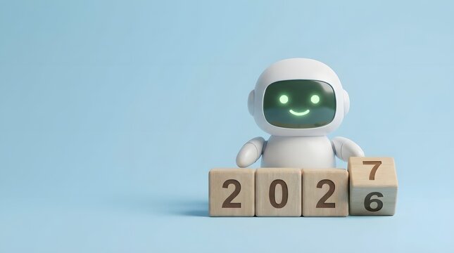 Cute White AI Robot Changing Wooden Blocks from 2026 to 2027 on Light Blue Background, Concept of New Year Celebration, Future Technology Trends, and Artificial Intelligence Progress