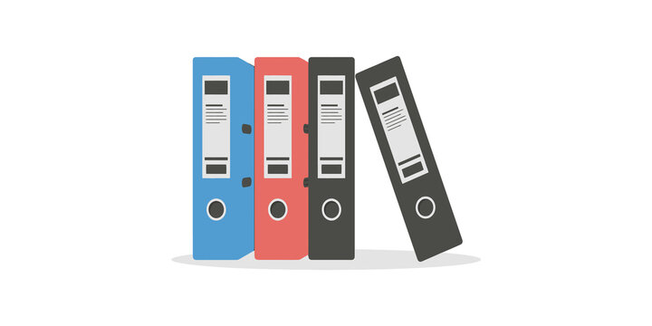 Four different colored binders stand on white surface, organized with label on the spine, for office school documents.