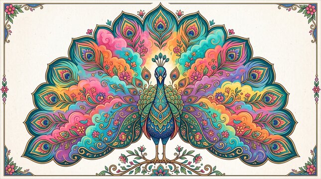 Holi festival peacock illustration with colorful feathers and copy space