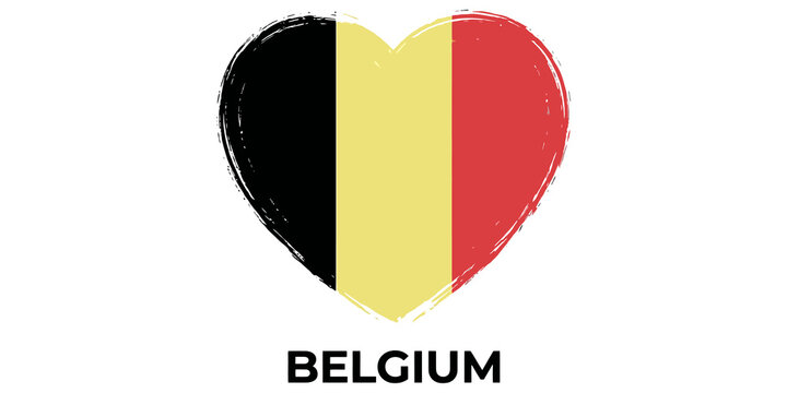 Belgium flag heart shape with distressed grunge paint brush strokes texture for patriotic design projects.