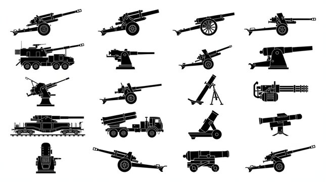 Set of black artillery and military cannon silhouettes isolated on a white background