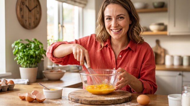 Smiling woman wearing a red linen shirt whisking yellow eggs in a clear glass bowl on a wooden kitchen counter with broken eggshells and a potted basil plant nearby