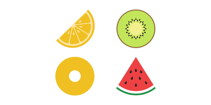 Selection of four fresh fruit slices featuring orange kiwi pineapple and watermelon for healthy concept.