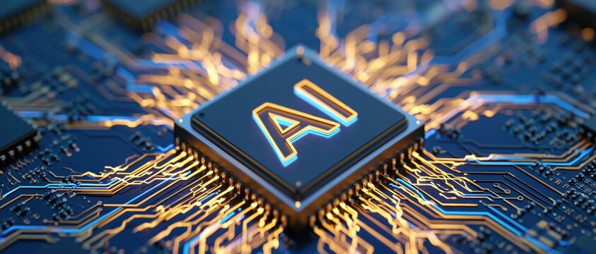 Ai processor chip on a motherboard with glowing digital data pathways representing future computing tech innovation