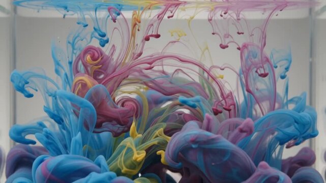 Macro CMYK Ink Mixing in Water with Cyan Magenta and Yellow Pigments Creating Colorful Abstract Fluid Patterns and Artistic Motion