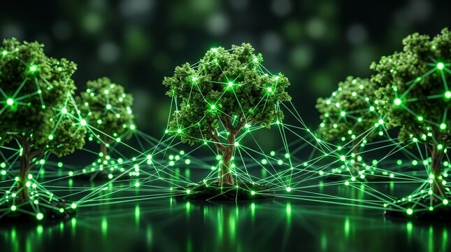 Digital network connecting multiple green trees in a dark forest