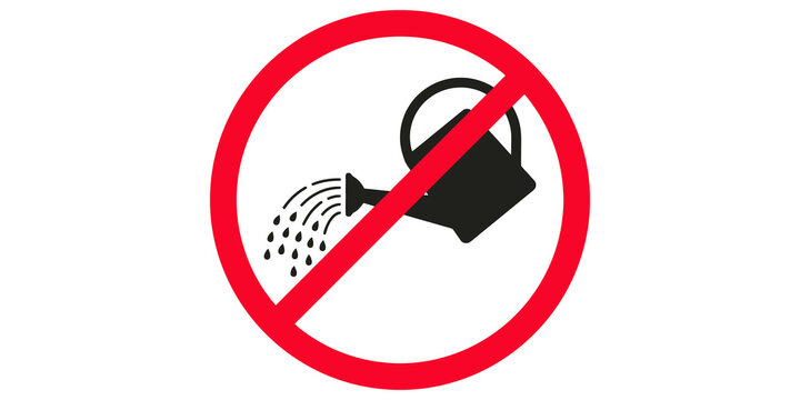 Prohibition sign with red circle slash over watering can pouring water for garden restriction warnings.
