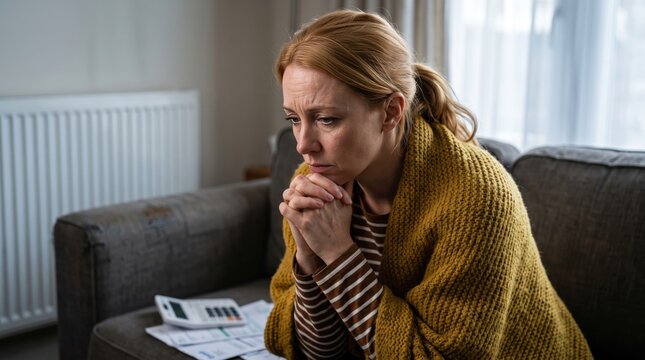 Stressed woman with blonde hair wearing a mustard yellow cardigan sitting on a grey sofa with a calculator and financial documents on her lap in a dimly lit room