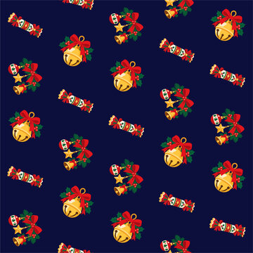 Seamless Christmas Pattern with Golden Bells, Red Bows, Holly Leaves and Festive Crackers on Blue Background