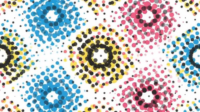 Animated CMYK Halftone Dot Pattern with Cyan Magenta Yellow and Black Geometric Elements, Modern Abstract Printing and Graphic Design Motion Background