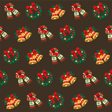 Seamless Christmas Pattern with Festive Golden Bells, Green Wreaths and Winter Scarves on Dark Background