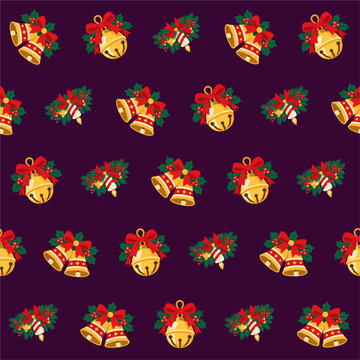 Seamless Christmas pattern with golden bells, red bows, and festive candles on dark background