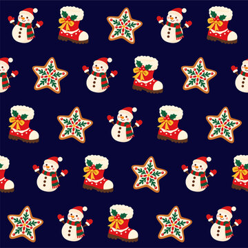 Christmas Seamless Pattern Background with Cute Snowman, Winter Boots, and Gingerbread Star Cookies