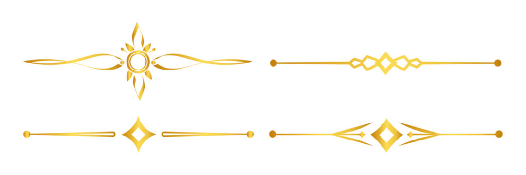 Set of Golden Geometric and Star Dividers with Elegant Line Art Ornaments on a Transparent Background