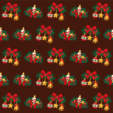 Seamless Christmas pattern with candles, bells, and festive ornaments on a dark brown background