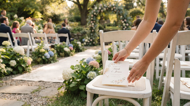 Wedding planner hands placing floral invitation program card on white wooden chair at outdoor garden ceremony venue with floral arch and seated guests   