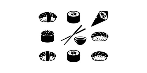Sushi set featuring black silhouettes with rolls and nigiri for restaurant menu design or culinary food branding. © Jpeg shop opened