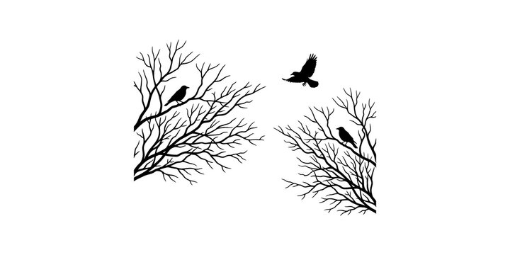 Black silhouette of birds perched on barren tree branches with one flying in air for spooky nature art.