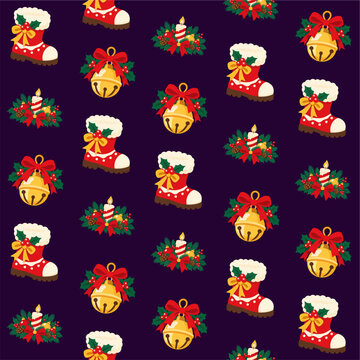 Seamless Christmas pattern with Santa boots, golden bells and festive candles on dark background