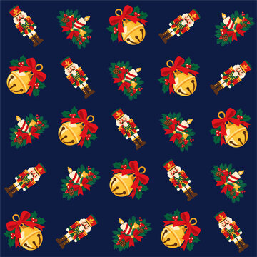 Seamless Christmas Pattern with Nutcracker Soldiers, Golden Bells and Festive Candles on Dark Blue