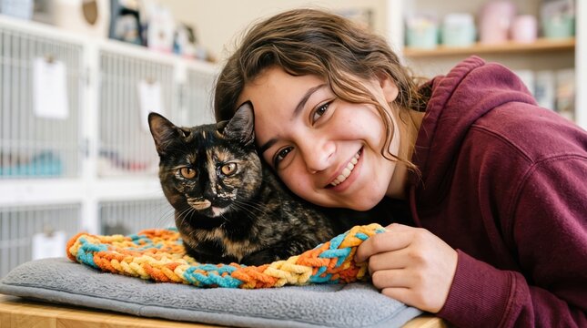 Young girl with wavy brown hair wearing a maroon hoodie leaning her cheek against a tortoiseshell cat sitting on a colorful braided mat inside an animal shelter