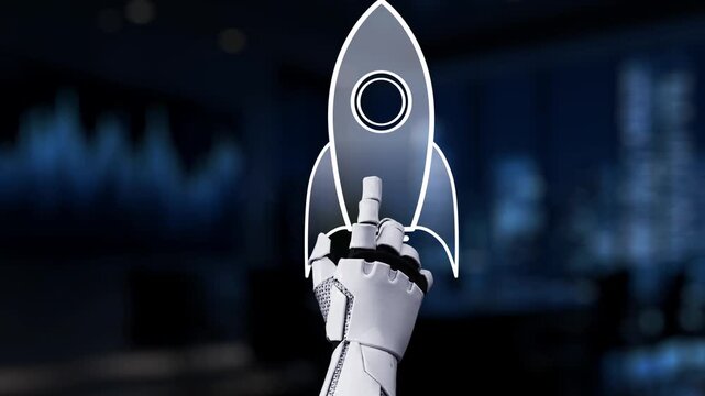 A robotic hand showcases a digital rocket symbol, emphasizing innovation and growth in technology. A modern office background adds a professional touch. Synapse