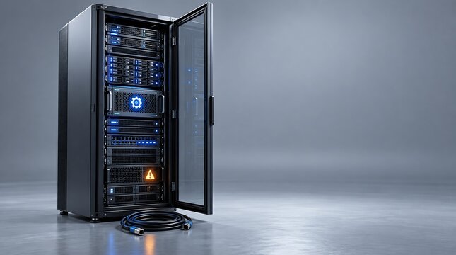 Server Rack Cabinet With Glowing Gear Icon In Empty Room