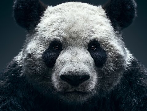 Close-up Portrait of a Giant Panda Face with Detailed Fur and Dark Eyes