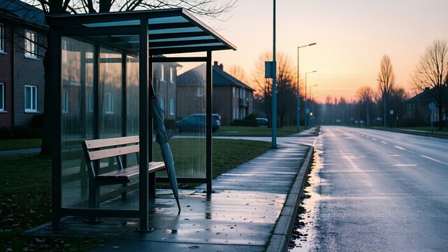 Modern bus stop shelter at sunset