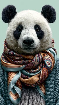 Anthropomorphic Giant Panda Wearing a Colorful Patterned Scarf and Cozy Knit Sweater
