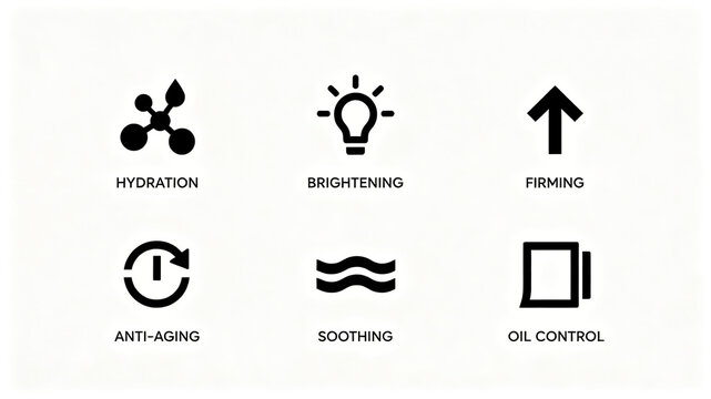 Black basic skin care efficacy icon, water replenishing and brightening, oil controlling and anti-aging, applicable to beauty home module and product selling point poster.
