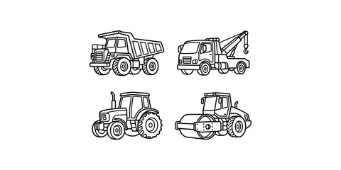 Set of heavy construction vehicles outline icons including dump truck tow truck tractor and road roller machine. © Jpeg shop opened