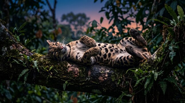 clouded leopard sleeping on tree branch